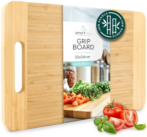 smartday Schneidebrett mit Griff aus Holz 100% Bambus - Küchenbrett massiv & schnittfest I Holzschneidebrett, Schneidbrett - Holzbrett für Küche & Servieren