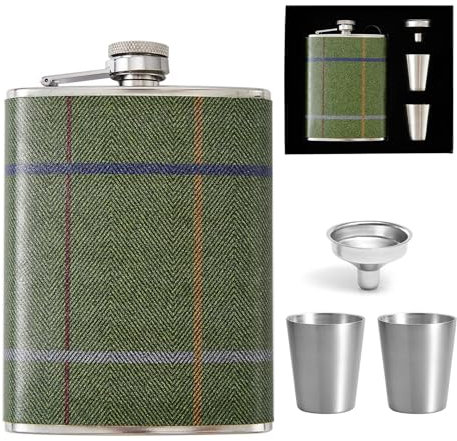 Pasdrucn 2 Pièces Flasque A Alcool Acier Inoxydable avec 2 Entonnoirs Et Une Tasse 7oz+9oz(204ml+263ml), Flasque A Alcool Personnalisable, Cuir Flasque A Alcool Portable, Fiole Alcool (Vert)