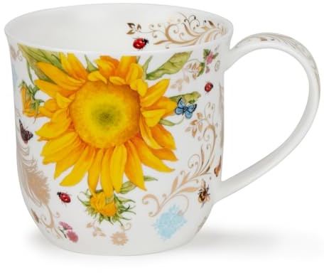 Dunoon Cumbrae Vintage Gold Sunflower - Taza de porcelana fina de 0,45 litros con detalles de oro de 22 quilates