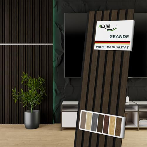 HEXIM Akustiska paneler, trä, 140 x 30 cm Grande – 1 styck (0,425 m²), träpaneler, väggpaneler, 21 mm, ljudisolering, MDF, akustisk filt, väggbeklädnad, mörkbrun och rökt ek