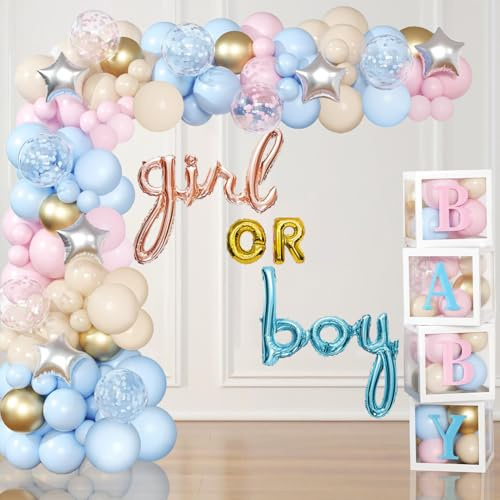 Acidea 159 cajas de globos para revelar el género, kit de guirnalda de globos rosa y azul, 4 cajas con letras para baby shower, cumpleaños de niño o niña, suministros de fiesta de revelación de género