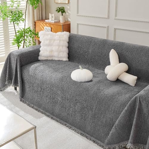 Sofa Überzug für 2/3/4 Sitzer, Sofabezug L Form, Couch Überwurf 180x300 cm, Sofa Cover mit dekorativen Fransen, Sofabezug 3 Sitzer, Couchschutz gegen Kratzer, Haare & Haustiere (Dunkelgrau)
