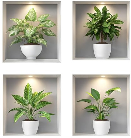 Auriselle 4 pezzi 30 * 30CM Adesivi murali con vasi di fiori e piante verdi - Decorazione murale autoadesiva 3D con piante e foglie verdi - Quadro moderno per soggiorno, ufficio, hotel