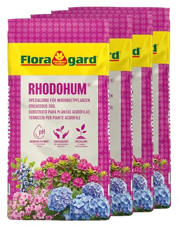 Floragard Rhodohum Rhododendronerde 72 L (4×18 L) – pH-saure Moorbeeterde mit guter Wasserspeicherung – ideal zum Pflanzen von Rhododendren, Azaleen, Blaubeeren & Anderen Moorbeetpflanzen im Garten