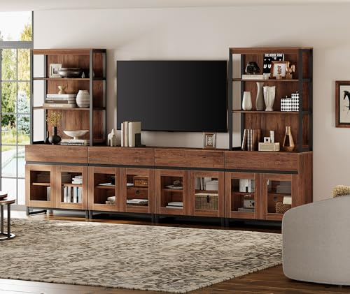 WAMPAT Modern Wall Unit TV Stand with 3 Tiers Bookshelf, Farmhouse Entertainment Center with 4 Drawers and Adjustable Shelf, Wooden Media TV Console with Glass Doors for Living Room, Brown