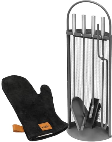 raik Kaminbesteck Set Arthur 4-teilig inkl. Rindsleder Ofenhandschuh schwarz Kamingarnitur Stahl Schwarz mit Edelstahlgriffen für Reinigung und Bedienung von Kaminen Öfen Feuerstellen Holzöfen