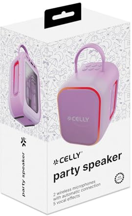 Celly – Speaker Bluetooth 10 W con 2 Microfoni Wireless, LED RGB, Batteria Ricaricabile, Ideale per Bambini e Karaoke, Colore Viola
