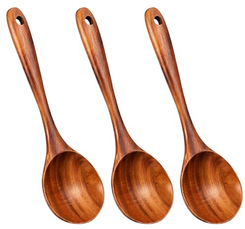 Wooden Spoons for Cooking, Set of Three Wooden Kitchen Utensils, Non Toxic Wooden Utensils for Stirring Sauces and Baking, 30 x 6.8 cm Oval Spoons