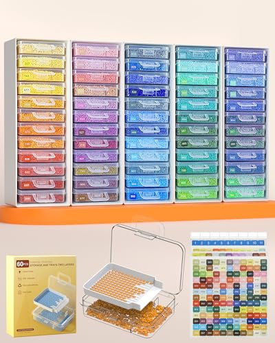 Fournine 60 PCS Diamond Painting Storage Containers Trays, White | 3-in-1 Diamond Painting Trays with Lids, Detachable Trays, 5 Adjustable Racks, Diamond Art Accessories, Diamond Art Storage