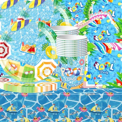 Set di 61 stoviglie estive per feste in spiaggia, motivo mare con accenti blu, decorazione di compleanno, tovaglia, bicchieri di carta, tovaglioli, piatti di carta, adatti per 20 ospiti