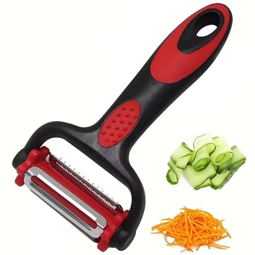 Potato Peeler + Micro-Serrated Veg Peeler + Julienne Slicer - 3 in 1 for Speed Peeling of Fruit & Vegetable -Stainless Steel, Non-Slip Grip, for Fruit Carrot Zucchini Cucumber (Red)