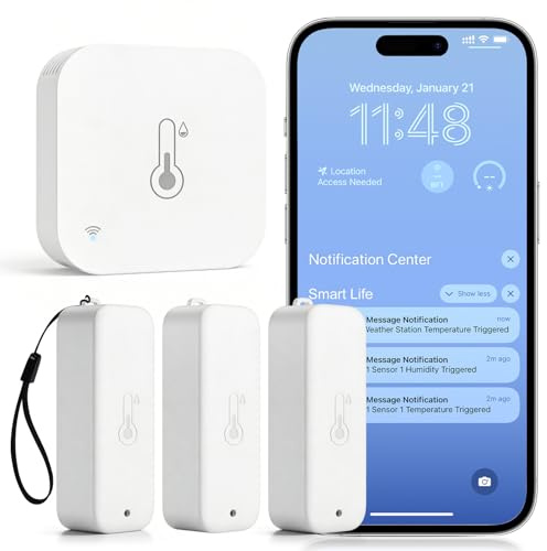 Daytech Smart WiFi Indoor Outdoor Hygrometer Thermometer, Wireless Temperature Monitor Humidity Sensor with Notification Alert 3 Sensors 1 WiFi Gateway Type-C Power
