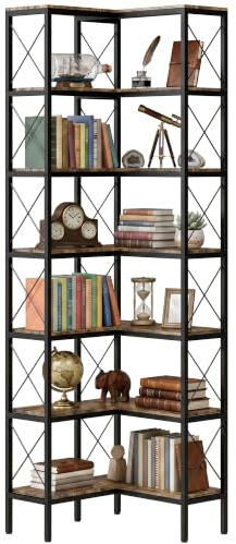 HOMCOM 6-Tier Corner Bookshelf, L-Shaped Unit, 60x60x200 cm, Rustic Brown | Bookcase, Freestanding Display Shelf, Metal Frame, Living Room, Home Office, Bedroom