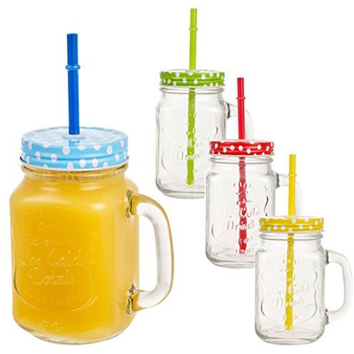 Excellent Houseware Mason Drinking Glass Jar Tumbler with Lid & Straw - Set of 4