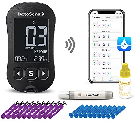 KetoSens Blood Ketone Monitoring Starter Kit with Bluetooth - Ideal for Keto Diet. Includes Meter, 10 Ketone Test Strips, 1 Control Solution Vial, 1 Lancing Device, 10 Lancets & Travel Case