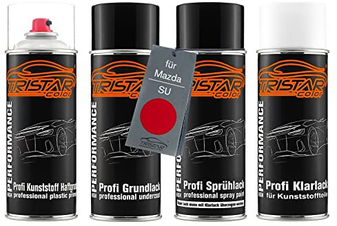 TRISTARcolor Autolack Spraydosen Set für Kunststoff Stoßstange für Mazda SU Classic Red Haftgrund Grundlack Basislack Klarlack mit Weichmacher Sprühdose