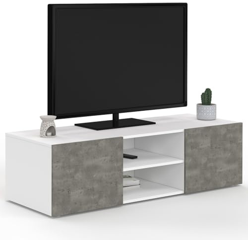 IDMarket - Meuble TV 113 cm ELI Blanc Portes Effet béton
