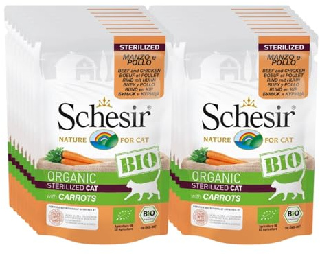 Schesir BIO, Alimento Umido Completo per Gatti, Patè di Manzo e Pollo con Carote, Senza Cereali, in Busta, Gluten Free, 16 x 85 g