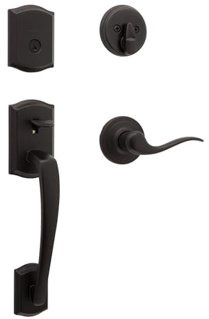 Kwikset Prescott Front Door Lock Handle and Deadbolt Set, Entry Handleset Exterior with Interior Reversible Lever, Venetian Bronze, Pick Resistant SmartKey Rekey Deadbolt Security