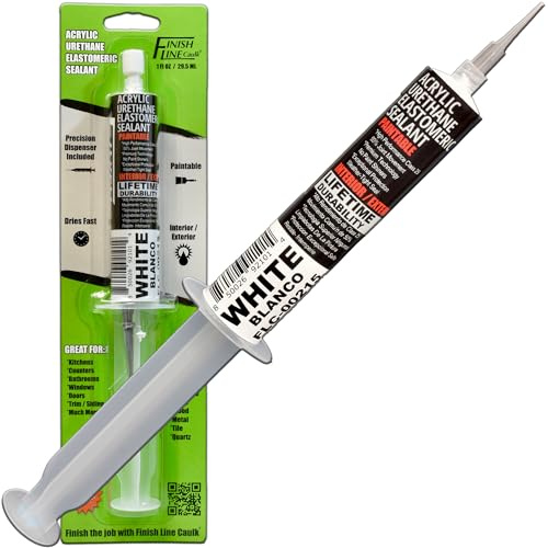 Finish Line Caulk – Acrylic Urethane Elastomeric Sealant – Pre-Filled Precision Caulk Gun – White – 1 oz Tube – Flexible & Durable Sealant for Trim, Baseboards, and Small Cracks