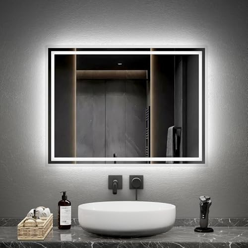 EMKE Badspiegel mit Beleuchtung 80x60cm, Badezimmerspiegel mit Kippschalter+Beschlagfrei+2 Lichtfarbe Warmweiß/Kaltweiß, Horizontal/Vertikal LED Badspiegel Energiesparend