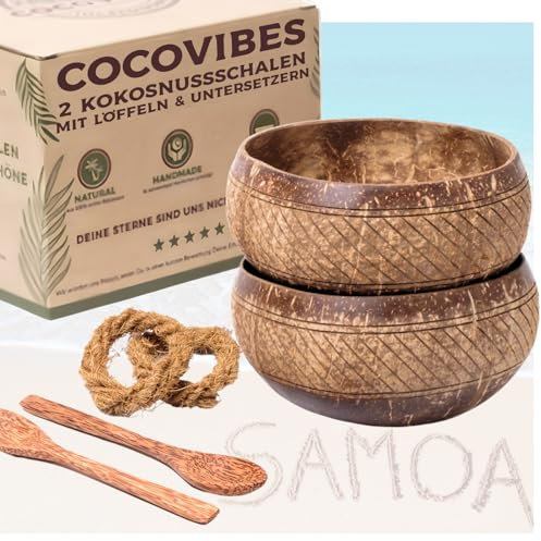 cocovibes SAMOA - Ciotola per cereali fatti a mano, in set da 2 pezzi, con cucchiaio in legno e sottobicchieri/Jumbo in noce di cocco/smoothie Bowl naturale, ciotole vegane/base