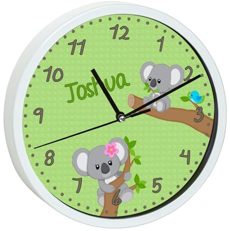 CreaDesign, Wanduhr Kinder personalisiert mit Name, Motiv Koala Bär Junge, Rahmen Wanduhr weiß, Ø 19,5 cm