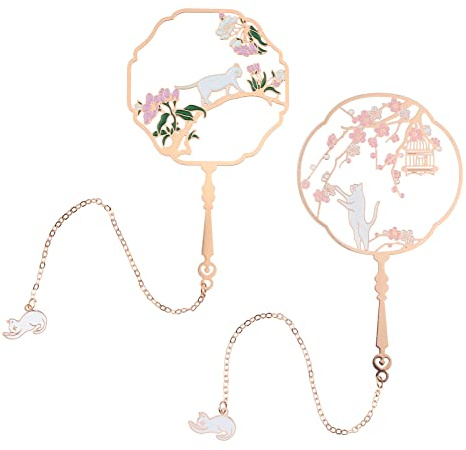ECSiNG 2 Stück Roségold Metall Lesezeichen Klassische Vintage Hohle Seitenmarkierungen mit Quasten Anhänger Katzen Blumen Muster
