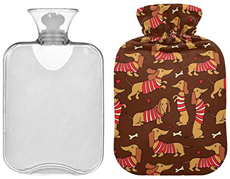 Niedlicher Dackel Hund Braun Wärmflasche mit Bezug Transparente Wärmflasche 1L Warmwasserflasche für Nacken und Schulter Schmerzlinderung Handfüße Wärme- und Kältetherapie