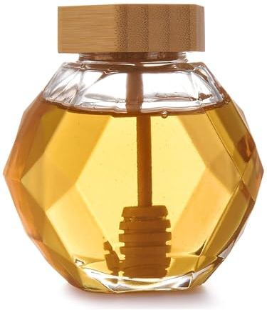 Bruntmor Glass Honey Jar Container - Small Honey Pot with Dipper Set Dispenser - Premium Glass honey decanter glass with Wooden Spiral Drip Dipper and Lid - Bee Honey Stainer Pots Storage Dish
