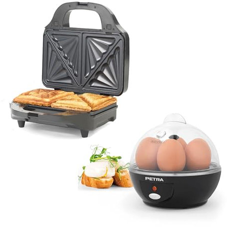Petra PT2783VDEEU7 Elektrischer Eierkocher - 430W, Enthält Messbecher + PT2143TVDEEU7 XL Multigrill - Kontaktgrill 3in1,antihaftbeschichtete einfach zu reinigende 28.5cm Platte Panini/ 900W