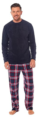Toro Rocco Conjunto de pijama de forro polar para hombre, de manga larga, suave, ropa de dormir y con pantalones a cuadros, cálido invierno cómodo pijama para hombre, azul marino, L