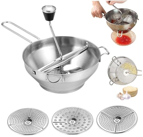 Gemüsemühlen, Edelstahl Lebensmittelmühle, 3 Austauschbare Zerkleinerungsplatten Manueller Edelstahl Lebensmittelzerkleinerer für Marmelade Gemüsepürees Babynahrung