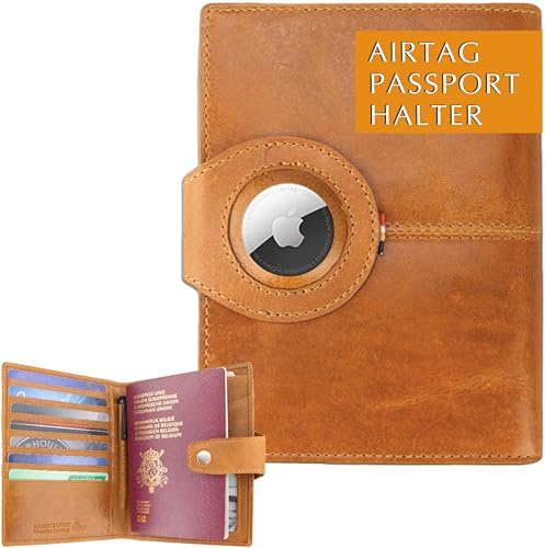 GARZINI AirTag Reisepasshülle, Passport Hülle mit RFID Blocker Karte, Reisepass Organizer aus Leder, Passport Cover mit ID-Fenster und Kartenhülle für 7 Karten, Reise Zubehör, Brushed Cognac