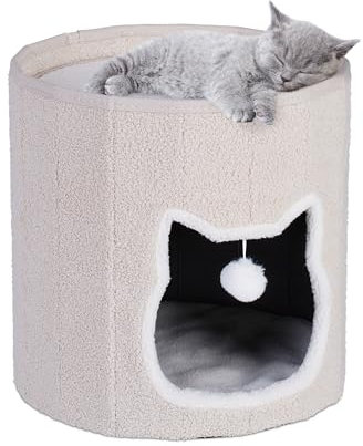 Relaxdays Katzenhöhle mit Kissen, Spielzeug, faltbares Katzenhaus, Katzenversteck, Tierhaus, H x D: 40 x 39 cm, beige