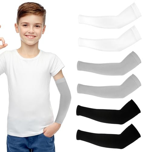 Abeillo Lot de 3 paires de manchons de compression fins pour enfants - Protection UV - Pour sports de plein air - Élastique - Pour jeunes garçons et filles (7 à 12 ans) (noir, blanc et gris)