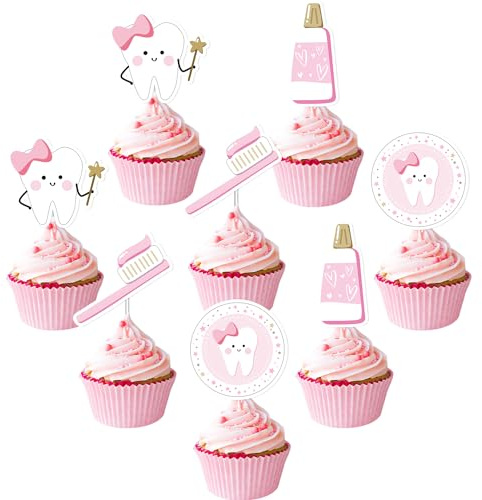 36 st tand cupcake toppers rosa första tand tårtdekorationer tandvård tema baby shower cupcake toppers tandläkare fest dekor för flickor tandvård examen födelsedagsfest baby shower dekor tillbehör