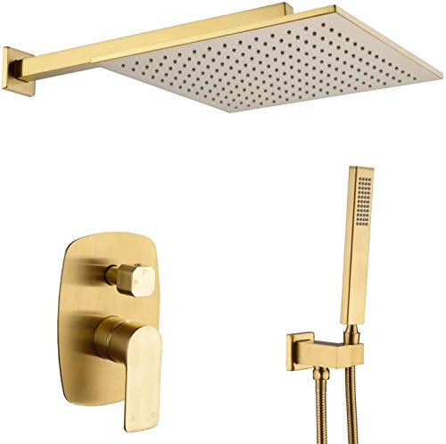 NSTVVEE Duschhahn-Set, Badezimmer-Wasserhähne, luxuriöses Regenmischer-Kombi-Set, an der Wand montierter Regenduschkopf mit Duschkopf und Schlauch für Duschen (Gold, 25,4 cm)