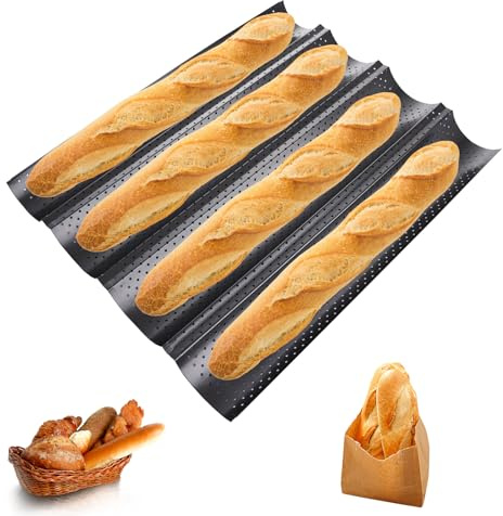 ASelected Baguette Baking Tray Baguette Tray with Non-Stick Coating Baguette Baking Mould for 4 Baguettes Bread Baking Mould Perforated Baguette Tray Rolls with 4 Cavities