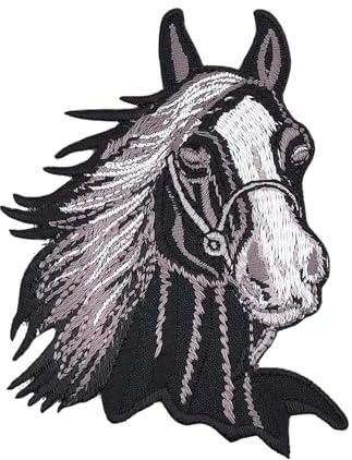 Pferd Kopf Schwarz Reiten Aufnäher zum aufbügeln oder aufnähen Bügelbild Aufbügler für Kleidung gestickter Bügelpatch Applikation Patch Größe 6,5 x 8,3 cm