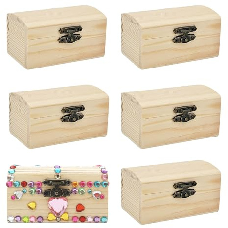YUNXCNA Holzkiste Klein, Ein Satz von 6 Stück Holz Schmuckkästchen, Kleine Hölzerne Schatztruhe, Rechteckige Holzkiste, Schatzkiste mit Deckel, für Bastelarbeiten, Geburtstagsfeiern und DIY