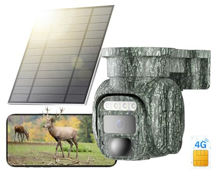 KKB Fotocamera da Caccia 4G, Fototrappola con SIM Esterna IP66 Impermeabile, 2K PTZ Telecamera con SIM e Pannello Solare, Visione Notturna a Colori, Rilevamento PIR, Audio Bidirezionale