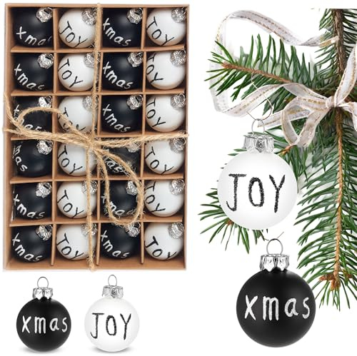 BRUBAKER 24-teiliges Set Weihnachtskugeln Joy & Xmas - 3 cm Baumschmuck | Mini Christbaumkugeln - Handbemalter Christbaumschmuck für Weihnachtsbaum - Bruchsicher - Schwarz und Weiß