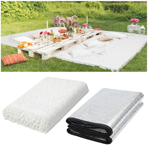 Hahafelt 91x 71 in Extra Large Outdoor Picnic Blanket with Waterproof Mat Oversize Beach Woven Cotton Yarn Blanket with Fringe Machine Sandproof for Spring Summer Camping Beach Park(Boho,White)