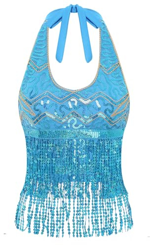 YOOJIA Débardeur Bretelles Dos Nu Femme Crop Top sans Manches Haut De Danse du Ventre Dancewear Vetement Danse Latine Tango Bleu Clair Taille Unique
