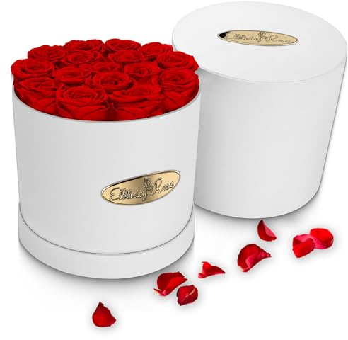 The Eternity Rose 16 Stück konservierte Rosen in einer Luxus-Geschenkbox - Echte Rosen in weißer runder Box - Ein Valentinstagsgeschenk so ewig wie Ihre Liebe