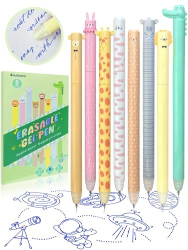 GutSache 8er Set radierbare Gelstifte mit thermoempfindlicher Radiertinte, Radierbar Tintenroller 0,7mm, Tintenfarbe Blau mit Cartoon Tiermotiven, Erasable Pen Set für Schulsachen Bürobedarf
