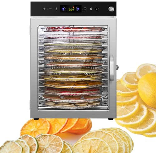 Fruits Vegetables Drying Machine – Stainless Steel Trays, 360° Hot Air, Digital Display, Rotary Food Dehydrator, 24-Hour Timer, Electric Meat Drying Box, Dehydrater Biltong Maker,12Layer