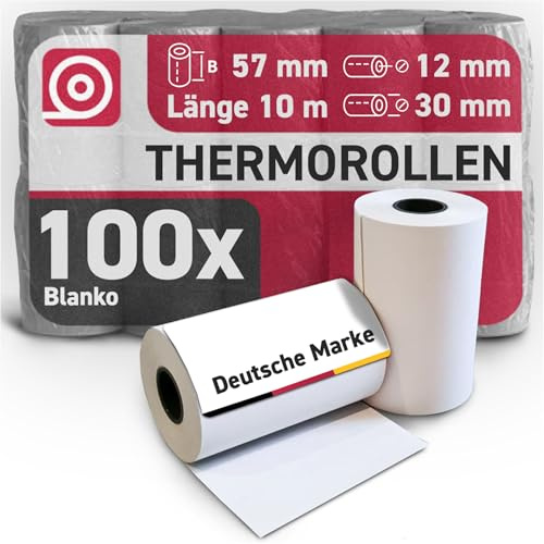 Gebongt24 Thermorollen 57 mm x 10m x 12mm mit 48g/m² – hochwertige Bonrollen aus BPA-freiem Thermopapier – 100 Kassenrollen mit ⌀ 28 mm – für EC-Cash & Kassenbondrucker
