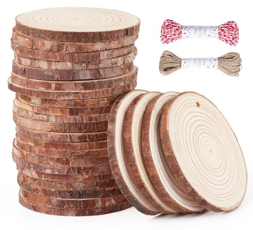 Timburst Holzscheiben 30Stücke, 5-6cm Baumscheiben, Vorgebohrten LöChern Holzplatte Rund,Holz Scheiben Zum Basteln-20 M Seile für Tischdeko, Deko Hochzeit MittelstüCke Weihnachten Dekoration